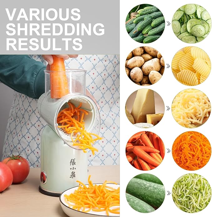 ZHANG XIAO QUAN SINCE 1628 5-in-1 Interchangeable Blades Rotary Cheese Grater Hand Crank, Cheese Shredder Mandoline Vegetable Julienne Slicer Cutter Nut Chopper with Anti-Slip Base, Green