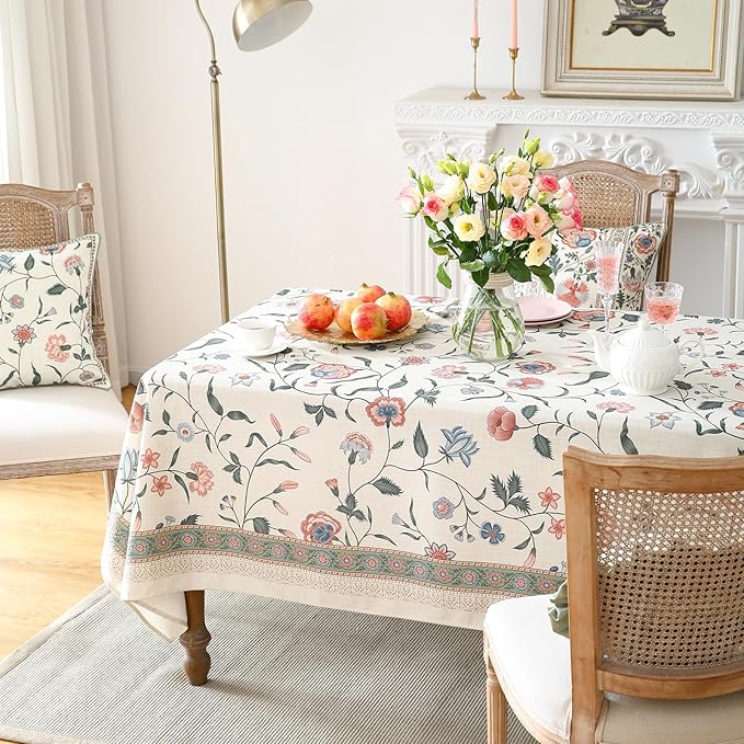 ISAENNE Designer Chinoiserie Linen Floral Extra Long Tablecloth Rectangle,White Wrinkle Resistant Table Cloth,Elegant Decor Tablecloths for Dining Thanksgiving Kitchen Party,63"*110"-Daffy