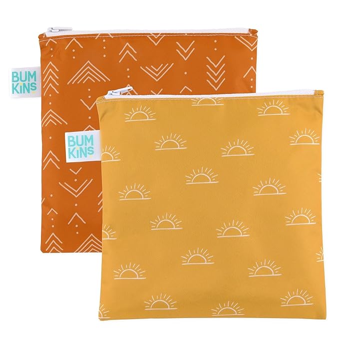 Bumkins Reusable Sandwich and Snack Bags, for Kids School Lunch and for Adults Portion, Washable Fabric, Waterproof Cloth Zip Bag, Travel Pouch, Food-Safe Storage, Large 2-pk Desert Boho