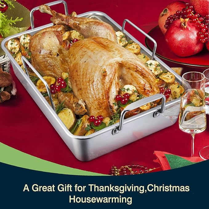 P&P CHEF 16" Roaster Roasting Pan with Baking Rack and V-shaped Rack, Stainless Steel Rectangular Lasagna Pan with Handles for Turkey Chicken, Healthy & Dishwasher Safe, 3 Pieces, Silver