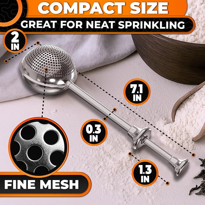 Flour Shaker Duster – 304 Stainless Steel Flour Duster for Bread Baking with Spring Handle – Cocoa, Cinnamon, Spices & Powdered Sugar Shaker Duster with One-Handed Operation | Dishwasher Safe