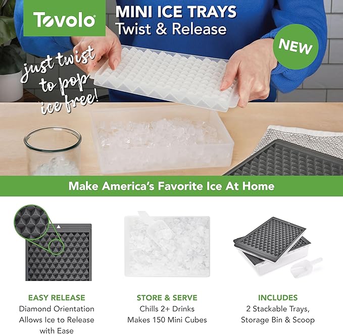 Tovolo Mini Ice Cube Tray Set with Twist and Release Mini Nugget Ice Cube Trays, BPA Free Silicone Mini Ice Tray with Storage Bin and Mini Scoop, Stackable Dishwasher Safe Mini Ice Cube Trays