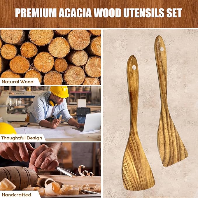 Teak Wood Rigth Handle Flat Turner for Kitchen Use, 2 Pcs Long Wooden Spatula for Cooking, Non Stick Wooden Cooking Utensils Set Flat Spatulas