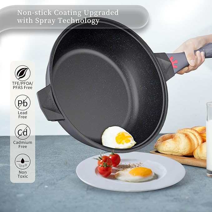 TIBORANG Nonstick Frying Pan, 5 Quart Large Wok, Deep Skillet With Lid, Stay-Cool Handle, Steamed Grid, PFOA-Free, Dishwasher & Oven Safe, Works With All Stovetops (Charcoal)