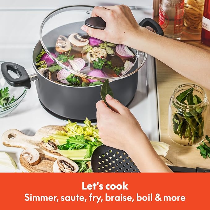 bella Cookware Set with Glass Lids with Nonstick, PFOA Free and Scratch Resistant Surface, Aluminum Bakeware, Pots and Pans, Storage Bowls & Utensils, Compatible with All Stovetops, 21 Piece, Gray