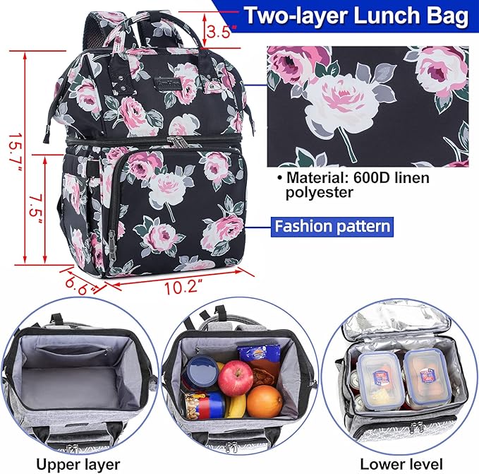 AmHoo Insulated Lunch Box Cooler Backpack Waterproof Leak-Proof Lunch Bag Tote for Men Women Hiking Beach Picnic Trip with Strongest YKK Zipper Rose Flower Pattern