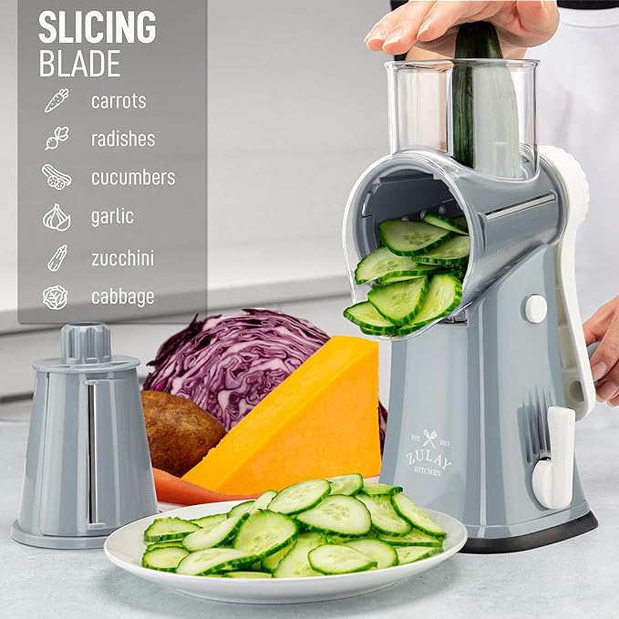 Zulay Kitchen Rotary Cheese Grater 5 Blade Cheese Shredder - Manual Hand Crank Cheese Grater With Reinforced Suction & 5 Interchangeable Drums - Easy to Use, Vegetable Chopper Round Mandoline Slicer