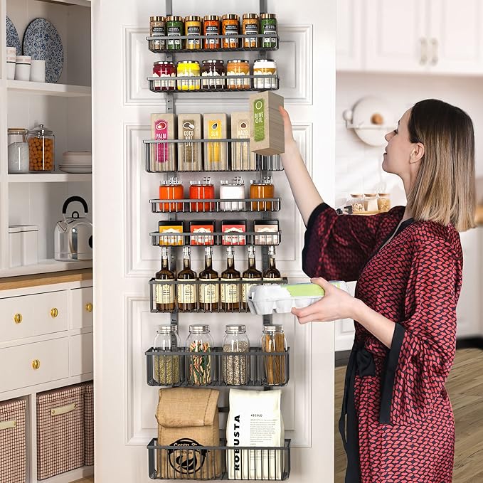 Moforoco Over The Door Pantry Organizer, Pantry Door Organizer Shelves, Kitchen Organizers and Storage, Hanging Basket Wall Spice Rack Seasoning Shelves, Laundry Room Bathroom accessories（Black