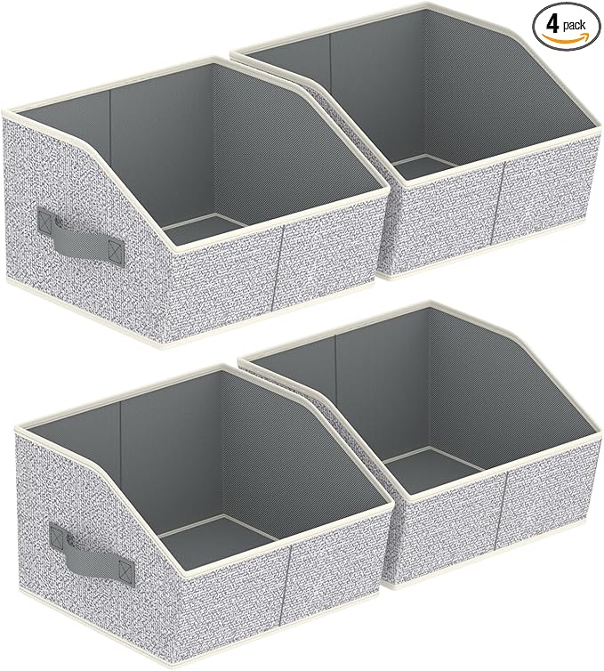 Storage Bins for Shelves - Small Trapezoid Closet Shelf Organizer, Fabric Organization Bins with Handles, Storage Baskets for Clothes, Towel, Purse, 4 Pack, Light Gray