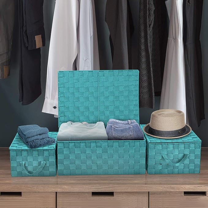 Sorbus Set of 3 Hand-Woven Storage Baskets with Lids (Aqua) – Mesh Bins for Closet, Shelf, or Pantry Organization – Variety Pack for Home and Office Storage