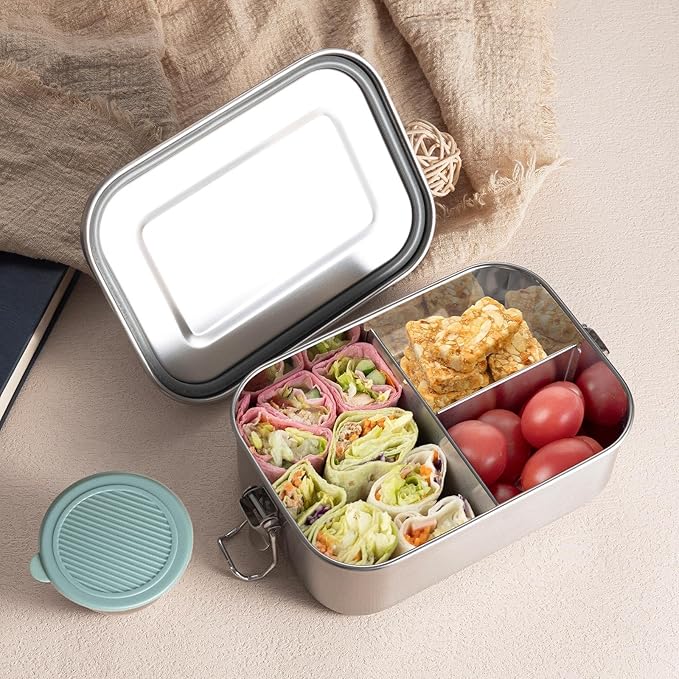 GOLDEN KEY Stainless Steel Bento Box for Kids,BPA Free Lunch Box for Kids with Leakproof Condiment Container,3 Compartment Bento box for School and Eating Out,Freezer & Dishwasher Safe(Green)