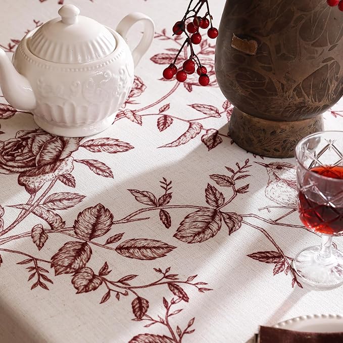 ISAENNE Designer Vintage Linen Small Square Tablecloth,Red Floral Pattern Linen Stain Resistant Table Cloth,Decor Tablecloths for Dining Thanksgiving Kitchen Tea Party,55"*55"-Harmony