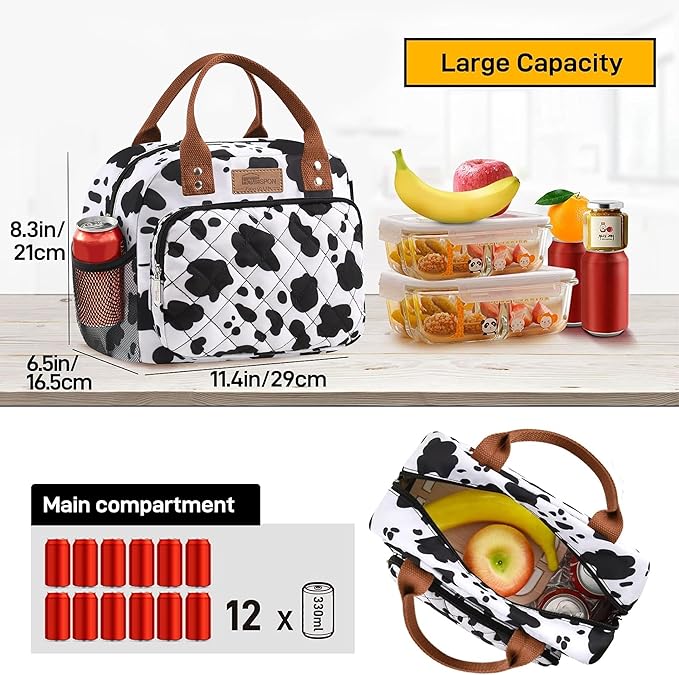 HOMESPON Buringer Lunch Bag for Woman Man Adults with Front Pocket Insulated Lunch Tote Lunch Box Container for Work Picnic or Travel (Cow Side Pockets)