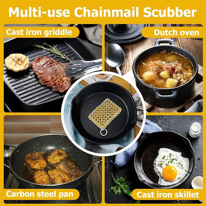Cast Iron Scrubber,Easily Removes Stains, Protects Coatings, with Bamboo Fiber Cloth & Pan Scraper, Ideal for Cast Iron Pans, Dutch Roast Pans
