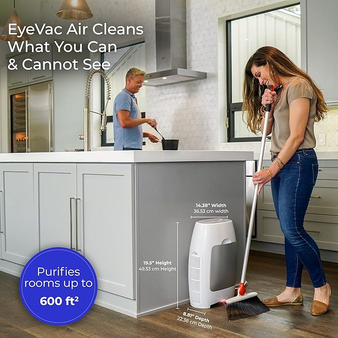 EyeVac Air 2-in-1 HEPA Air Purifier & Touchless Vacuum Automatic Dustpan - Ultra Fast & Powerful - Covers 600 Sq ft - Corded Canister Vacuum, Bagless, Automatic Sensors, 1000 Watt (White/Silver)