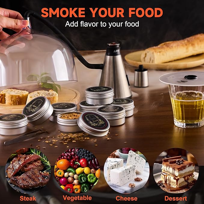 Elegant Cocktail Smoker Kit - Complete Whiskey Drink Smoking Gun with 8 Flavors of Wood Chips, Dome, and Accessories, Adds Flavor to Food and Drinks, Infuser Kit for Indoor Outdoor Use