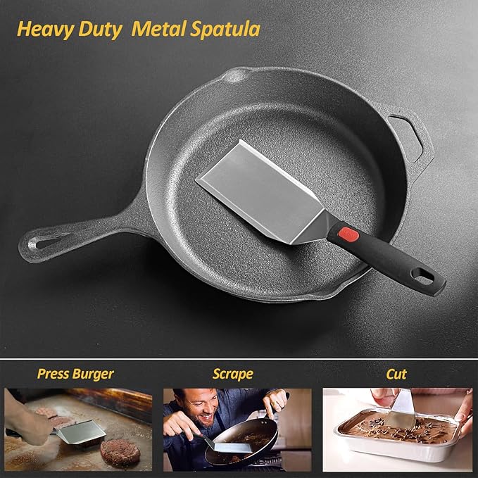 Stainless Steel Spatula Set with Heat Resistant Silicone Handle, VOVOLY Metal Spatulas For Kitchen Use, Thickened Smash Burger Spatula, Mini Brownie Spatula, Fish Flipper, Grill Scraper