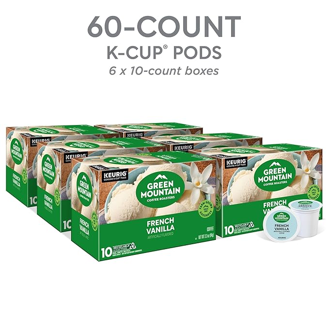 Green Mountain Coffee Roasters French Vanilla Keurig Single-Serve K-Cup pods, Light Roast Coffee, 60 Count (6 Packs of 10)