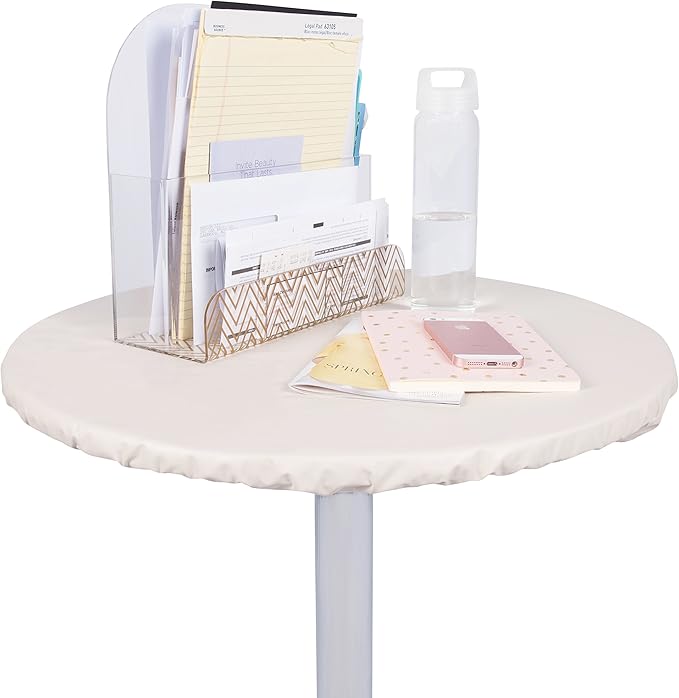 Yourtablecloth Heavy Duty Vinyl Round Fitted Tablecloth (Table Cover) with Flannel Backing Vibrant Colors Elasticized Tablecloth Great for Indoor and Outdoor Dining and Playing Cards 60” White