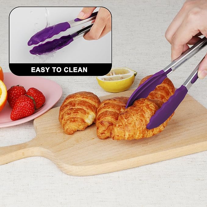 Hotec Mini Silicone Kitchen Tongs for Cooking - 7-Inch Small Serving Tongs with Silicone Tips, Set of 3 (Purple)