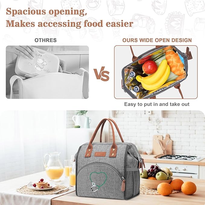 LOKASS Nurse Lunch Bag for Women, Embroidered Lunch Box with Special Nursing Design, Insulated Lunch Tote Ideal for Nurse Gifts, Neutral Grey