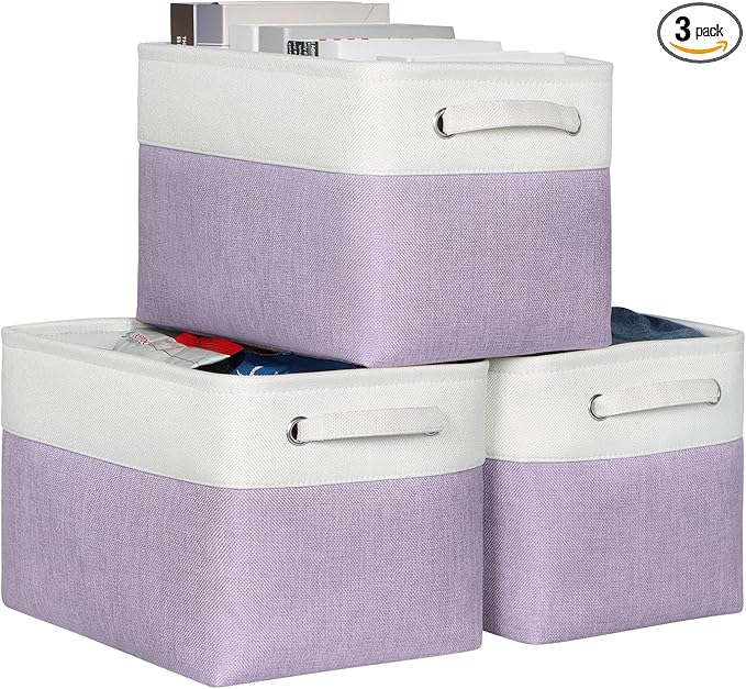 Kntiwiwo Foldable Storage Bin Collapsible Fabric Storage Basket Cube with Durable Handles Closet Organizer Bins for Organizing Shelves Drawers, Set of 3, 15" x 10" x 9.5", Purple