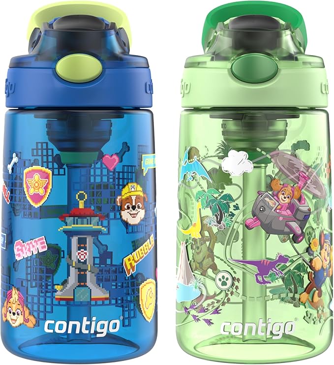 Contigo Aubrey Paw Patrol Leak-Proof Spill-Proof, 2-Pack Water Bottle with Autospout, 14oz, Power Pups and Dino Treks, Green and Blue