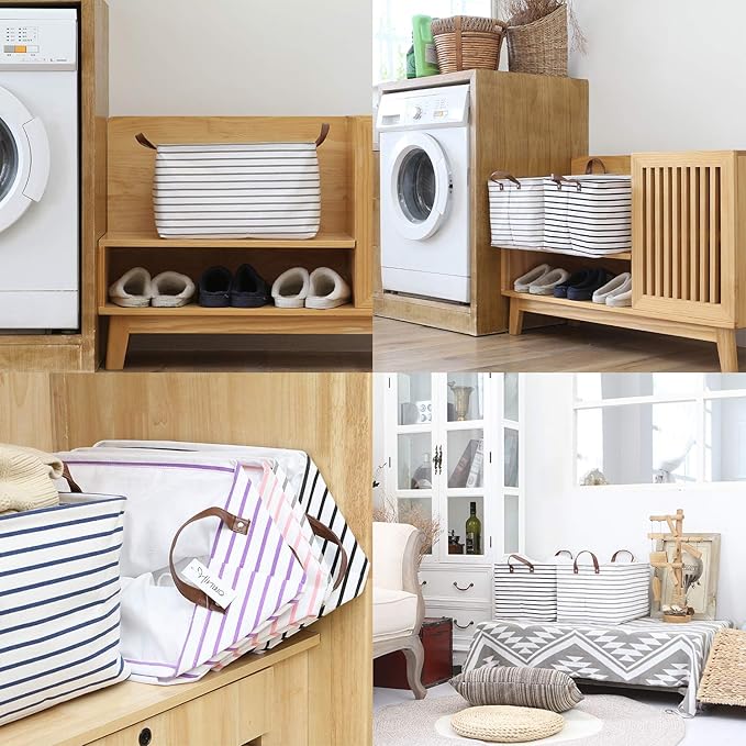 Hinwo 31L Large Storage Bins, Closet Organizers and Storage, Shelf Baskets, Foldable Clothes Storage Baskets with Handles, Containers for Clothing, Blanket, Towels, Toys, Bedding (Gray Stripe)