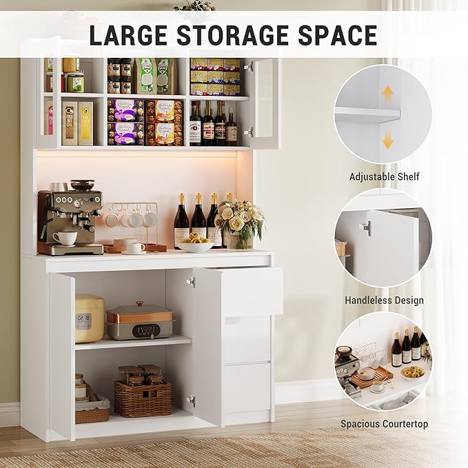 Garvee Kitchen Pantry Cabinet,71 in Tall Storage Cabinet with Doors&Shelves Adjustable, Kitchen Storage Hutch with Microwave Shelf, Led Lights&Charging Station,Corner Pantry Cabinet
