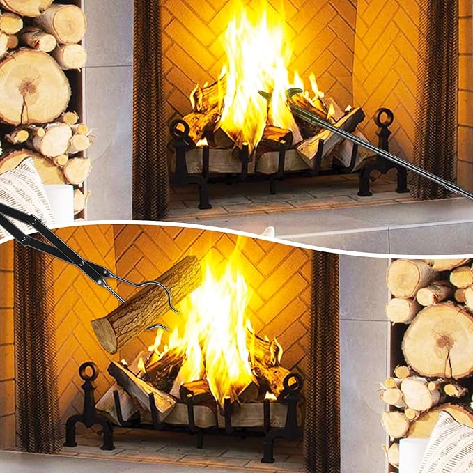 FEED GARDEN 32 Inch Fireplace Poker and 26 Inch Fireplace Tongs Set for Fire Pit Fireplace Tools Accessories Log Grabber Set For Camping Wood Stove Patio Campfire Picnic Indoor Outdoor