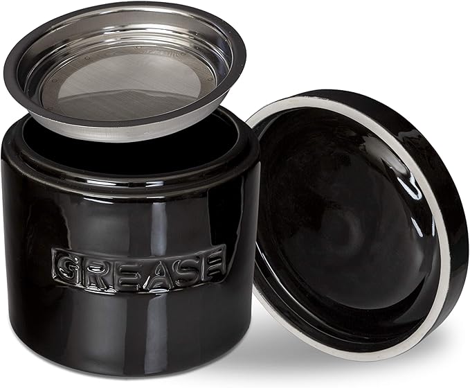 Bacon Grease Saver with Strainer - Ceramic Grease Container 1L Storage Canister | Holds Bacon Fat Drippings | Oil Keeper for Kitchen Counter Storage