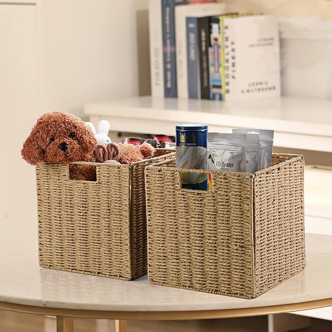 Vagusicc Wicker Baskets, Set of 2 Hand-Woven Storage Baskets for Shelves with Handles, Foldable Cube Wicker Storage Basket Bins Organizer 13 Inches Large Woven Baskets for Storage Organizing & Decor