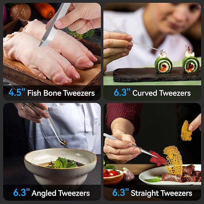 HOTEC Kitchen Tweezers Tongs Stainless Steel, Set of 6 - Professional Cooking Tweezers for Cooking, Chefs, BBQ, Seafood, Baking & Repair
