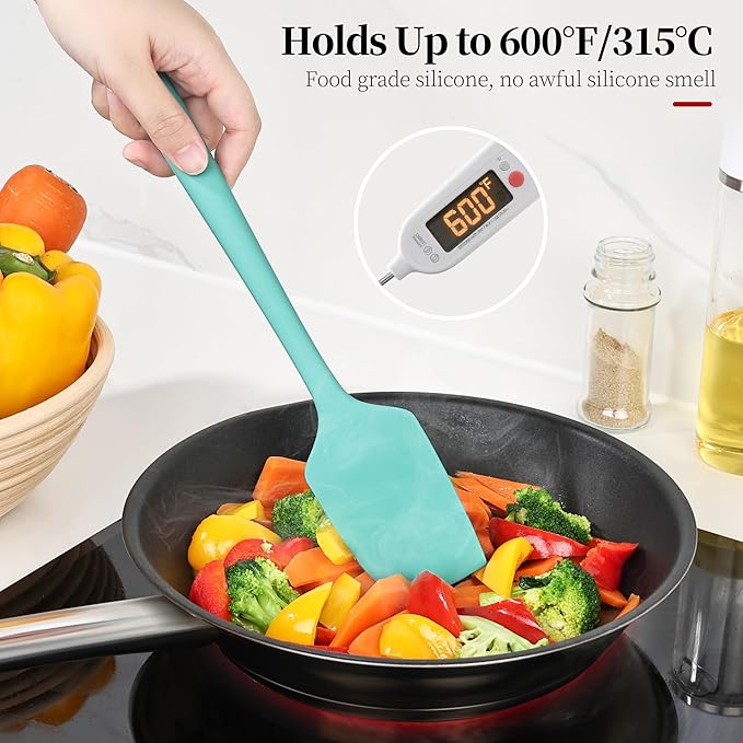 600ºF Heat Resistant Spatula, 11.34 inch High Heat Food Safe Semless Kitchen Silicone Scraper for Cooking Baking Mixing Scraping Stirring Nonstick Cookware Pan Bowl (Aqua Sky)