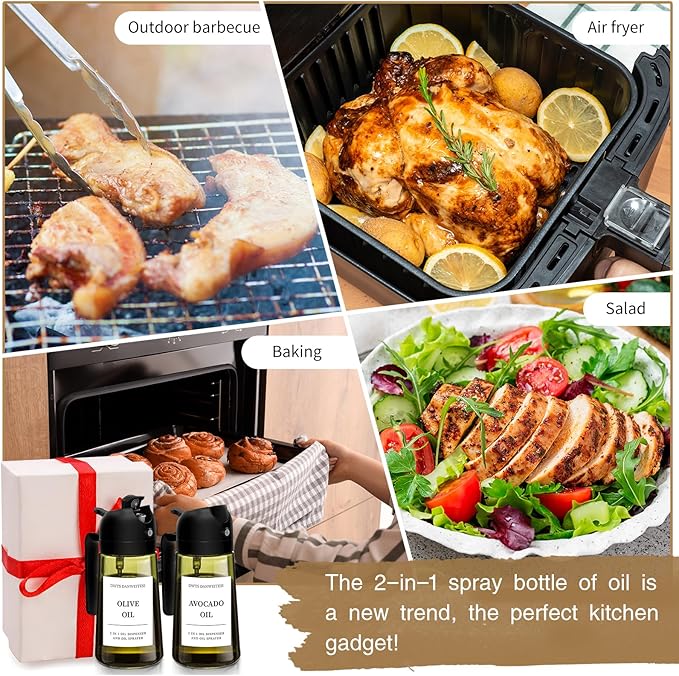 DWTS DANWEITESI Oil Sprayer for Cooking 2pcs,2 in 1 Oil Dispenser and Oil Sprayer Kitchen Gadgets,16oz Dark Green Glass Oil Spray Bottle(Light Blockage),Perfect Kitchen Accessories