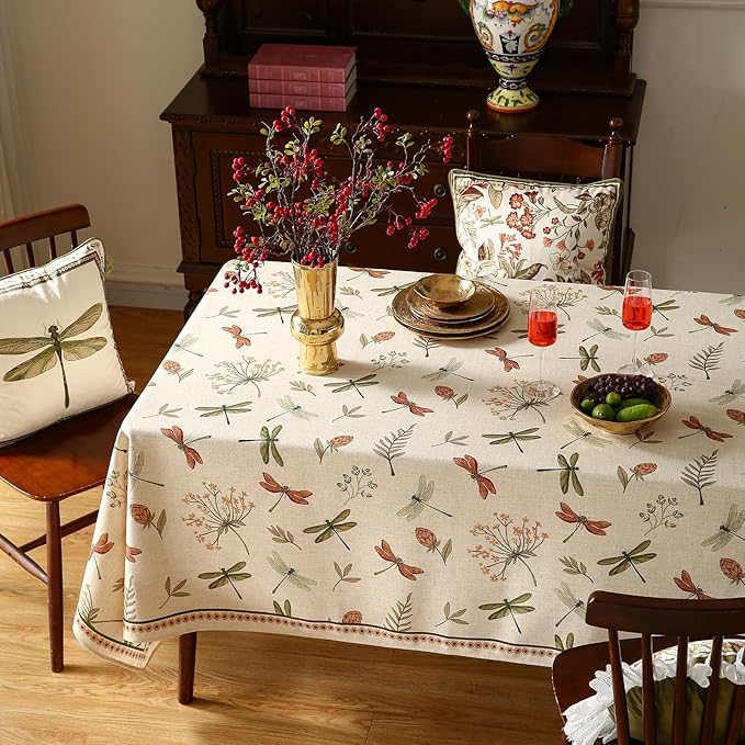 ISAENNE Designer Floral Linen Tablecloth Rectangular,French Off White Elegant Table Cloth,Washable Home Decor Tablecloths for Dining Thanksgiving Kitchen Christmas Party,55"*87"-Grace B