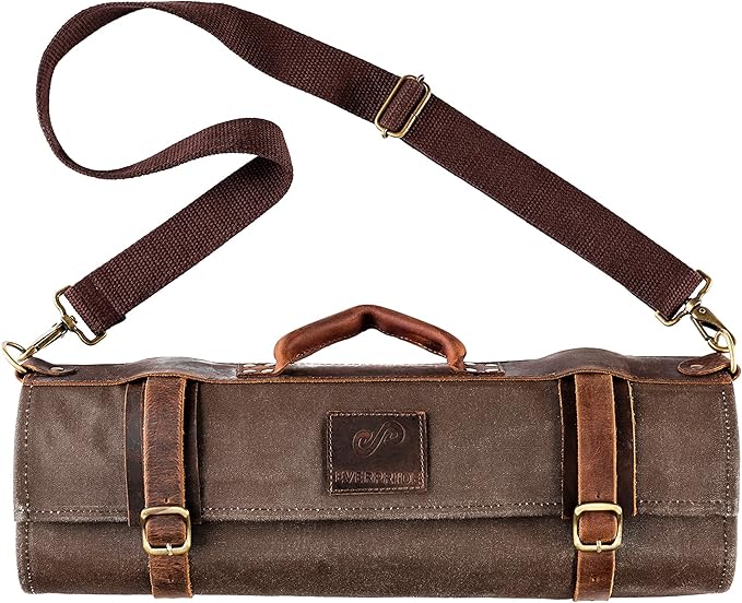 EVERPRIDE Waxed Canvas and Leather Chef Knife Roll Bag – Chef Bag Holds 10 Knives up to 15” PLUS Pocket for Cooking Accessories – Durable Knife Case for Professional Chefs – Knives Not Included