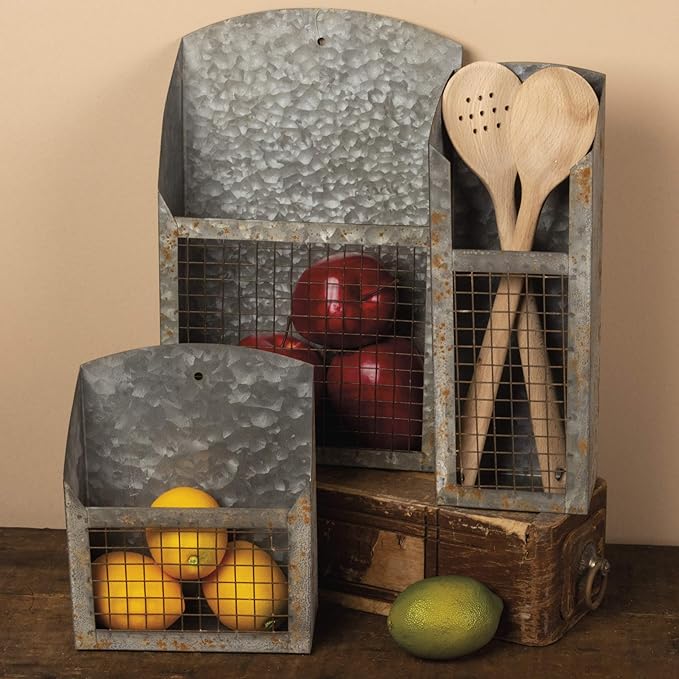 Primitives by Kathy Rustic Farmhouse Wire Bins - Handmade Galvanized Metal for Home and Kitchen Decor, Farmhouse Style