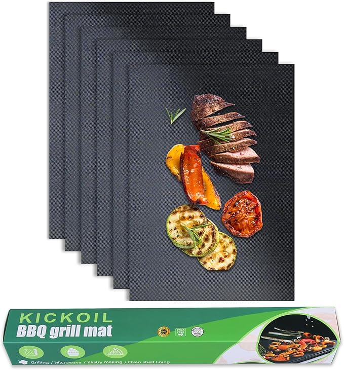 Black Grill Mats Set of 6 - Non-Stick Heavy Duty Teflon Grill Sheets for Charcoal, Gas & Electric Smokers