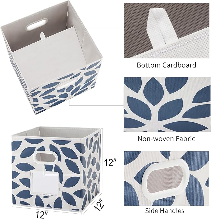 MAX Houser 6 Pack Foldable Fabric Storage Bins with Handles - Ideal for Closet Organization, Bedroom and Nursery（Blue, 12"x12"x12"）