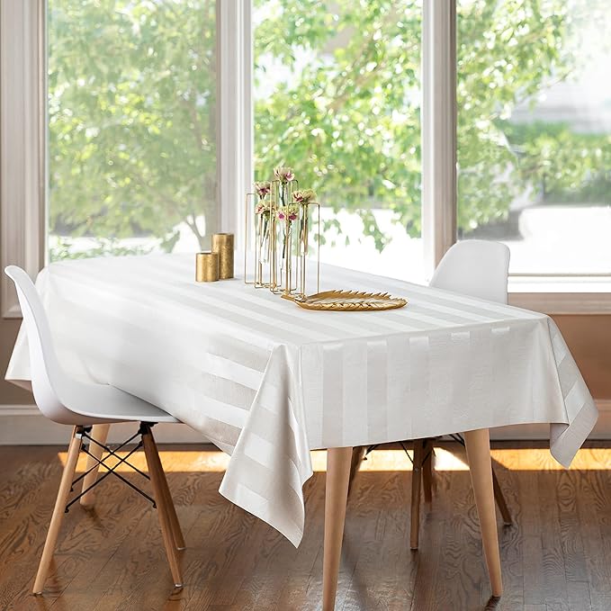 Luxury Table Protector Pad, 2 in 1 Table pad + Great Looking Tablecloth - Heat Resistant, Spill & Stain Proof - Flannel Backing (54x72, White - Silk Stripe)