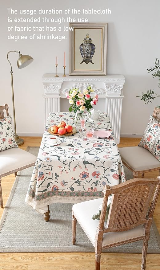 ISAENNE Designer Chinoiserie Linen Floral Extra Long Tablecloth Rectangle,White Wrinkle Resistant Table Cloth,Elegant Decor Tablecloths for Dining Thanksgiving Kitchen Party,67"*118"-Daffy