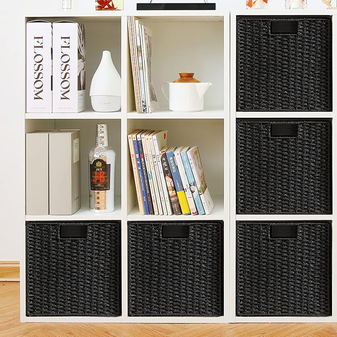 Vagusicc Wicker Basket, Set of 2 Woven Storage Baskets for Shelves, Foldable Cube Storage Basket Bins with Handles, 9 inch Small Storage Baskets for Organizing Pantry Bedroom, Black