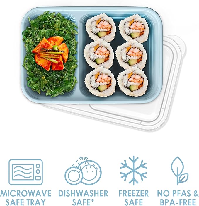Bentgo Prep - 2-Compartment Snack Containers with Lids - Reusable, Microwaveable, Durable PFAS & BPA-Free, Freezer and Dishwasher-Safe Meal Prep Food Storage - 10 Trays & 10 Lids (Sky)