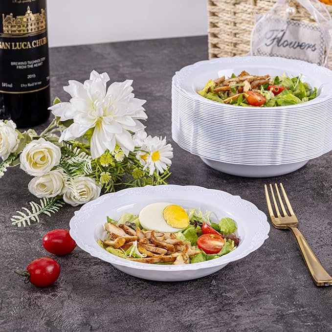 DaYammi 100 Pack Plastic Bowls, 12oz Disposable Soup Bowls, Heavy Duty Dinner Bowls for Weddings, Parties, Dinners, Catering and Everyday Use