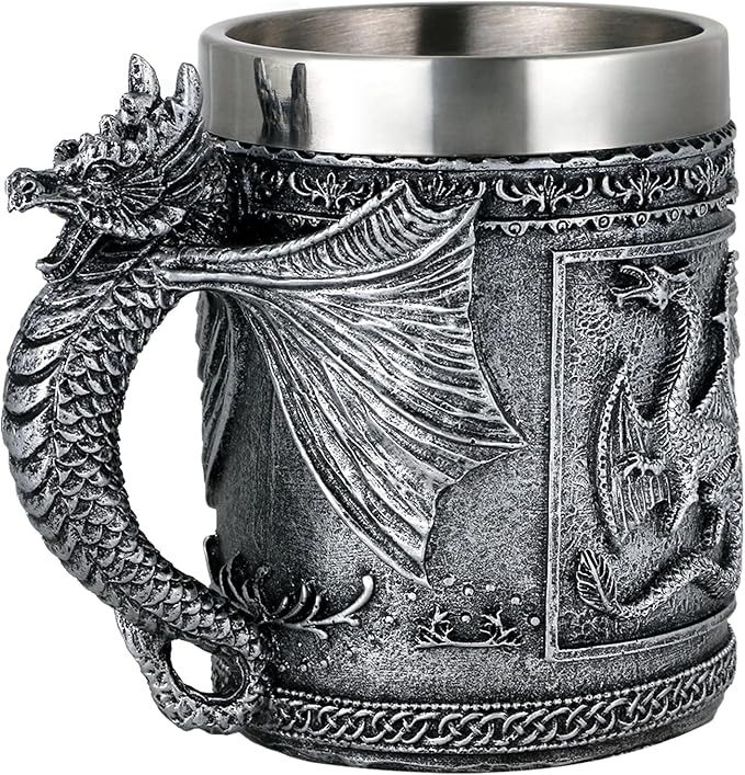 Medieval Roaring Dragon Coffee Mug - Dungeons and Dragons Beer Stein Tankard Drink Cup - 15.8oz Stainless Mug for GOT Dragon Lovers Collector Ideal Novelty Gothic Father Day Gift Party Decoration