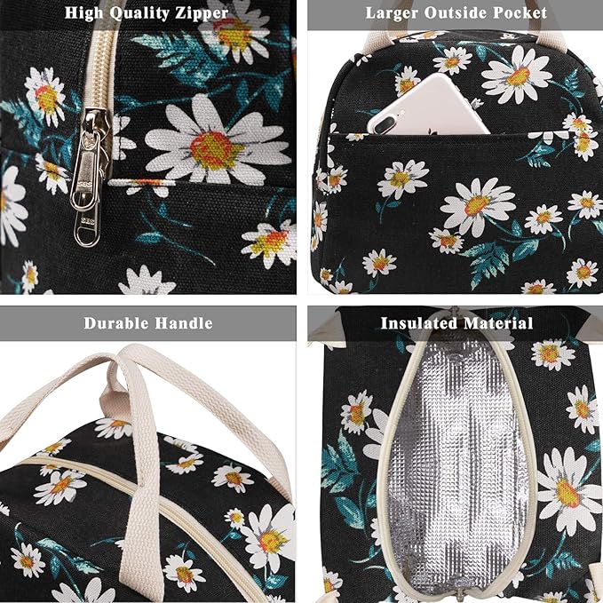 EurCross Women's Lunch Bags for Work with Chic Floral Daisy Pattern,Canvas Stylish and Insulated Black Lunch Tote Bento box Bag Carrier of On-the-Go Storage