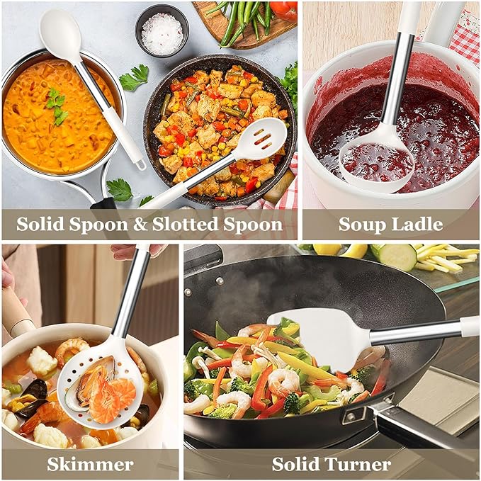 TeamFar Kitchen Utensils, 8PCS Cooking Silicone Utensils Kitchen Tool Kit with Stainless Steel Handle, for Nonstick Cookware Cooking Stirring Turning, Food Grade & Heat Resistant, Dishwasher Safe
