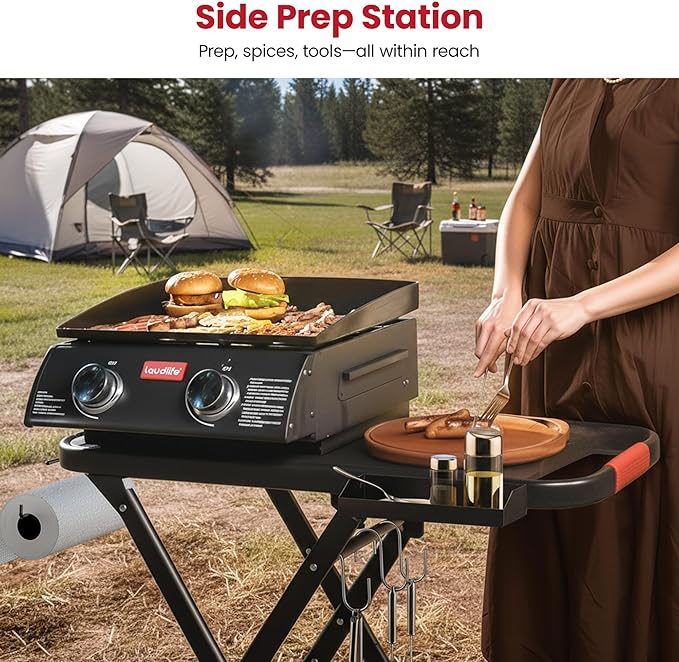 Portable Propane Gas Griddle with Collapsible Stand, Non-Stick Enameled Cast Iron, 342 SQ.IN Cooking Space, 2 Burners Flat Top Griddles for Camping, Tailgating, Outdoor Cooking