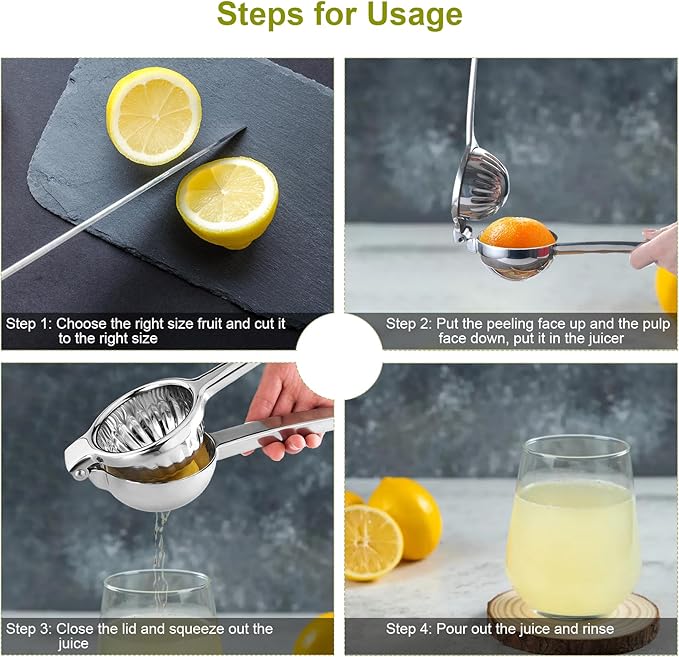 Lemon Squeezer Juicer for Lime and Lemon, Heavy Duty 304 Stainless Steel Manual Juicer with Large Bowl, Ergonomic Handle, Dishwasher Safe, with Cleaning Brush